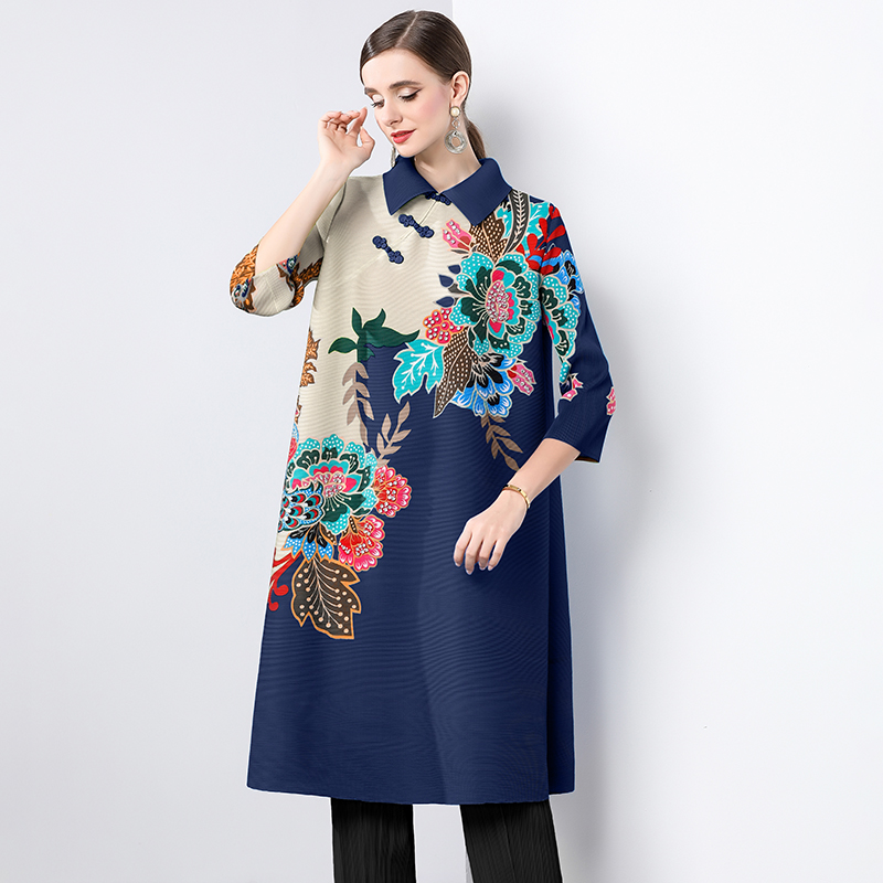 Miyake Chinese style lapel set with diamond print mm outfit with seven quarter sleeves and loose button pleats, shaking skirt, women's dress Miyake Chinese style lapel set with diamond print mm outfit with seven quarter sleeves and loose button pleats, shaking skirt, women's dress