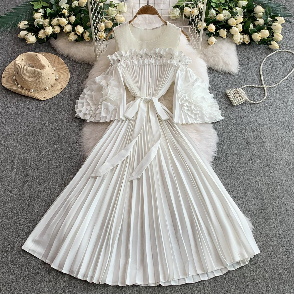 Miyake 2025 new one shoulder flared sleeve three-dimensional flower waist cinching slimming women's pleated dress cross-border nail bead Miyake 2025 new one shoulder flared sleeve three-dimensional flower waist cinching slimming women's pleated dress cross-border nail bead