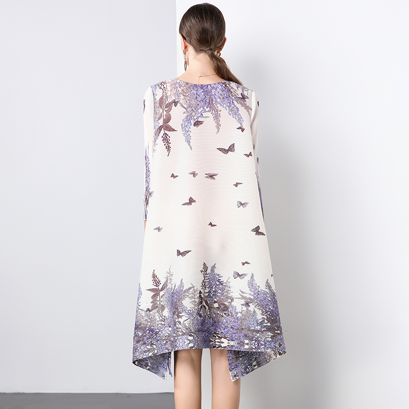 Miyake Eternal Tranquility Wisteria Flower Language MM Foreign Trade Seven Sleeve Round Neck Loose A-line Skirt Folded Dress Miyake Eternal Tranquility Wisteria Flower Language MM Foreign Trade Seven Sleeve Round Neck Loose A-line Skirt Folded Dress