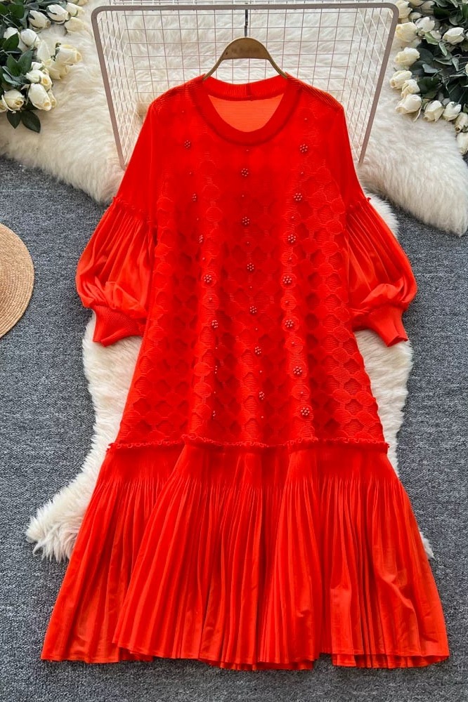 Miyake Cross border European and American Nail Bead Lantern Sleeve Folded Dress with Hollow Design, Loose and Elegant Lotus Leaf Side Length Skirt Miyake Cross border European and American Nail Bead Lantern Sleeve Folded Dress with Hollow Design, Loose and Elegant Lotus Leaf Side Length Skirt