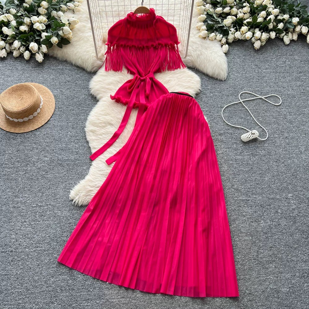 Wrinkled European and American cross-border mushroom edge tassel design with a sense of cinching waist top, pleated skirt, versatile half skirt, light luxury set Wrinkled European and American cross-border mushroom edge tassel design with a sense of cinching waist top, pleated skirt, versatile half skirt, light luxury set