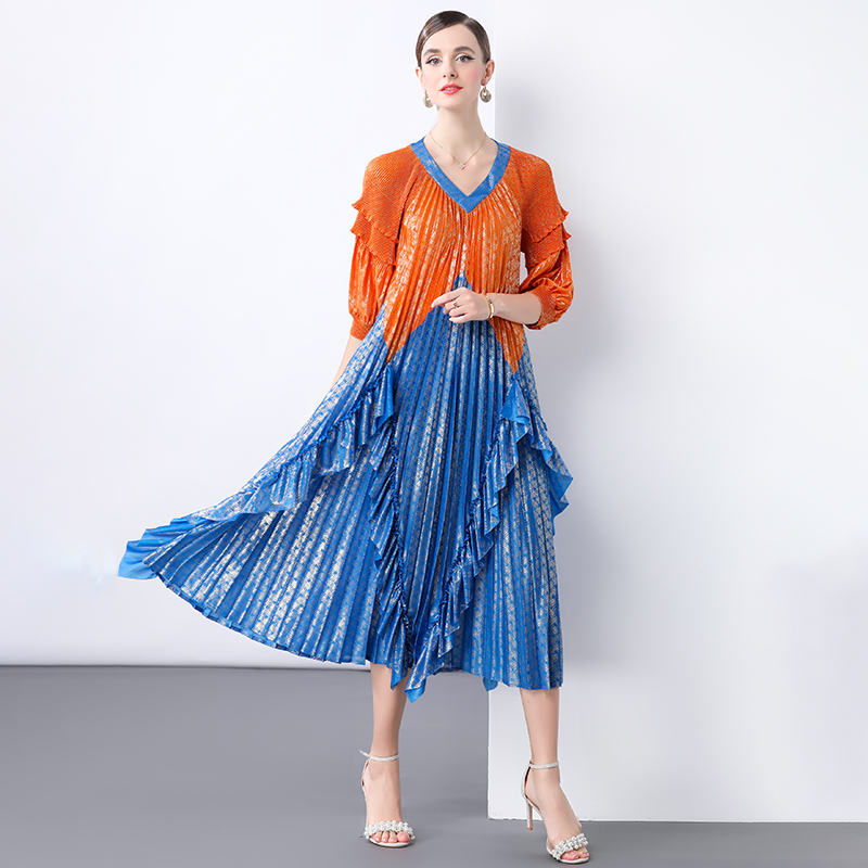 Miyake Summer Cross border Design with Lotus Leaf Edges, Mushroom Edges, Wrinkles, Hot Stamping Printing, Heavy Industry Seaside Vacation Dress Miyake Summer Cross border Design with Lotus Leaf Edges, Mushroom Edges, Wrinkles, Hot Stamping Printing, Heavy Industry Seaside Vacation Dress