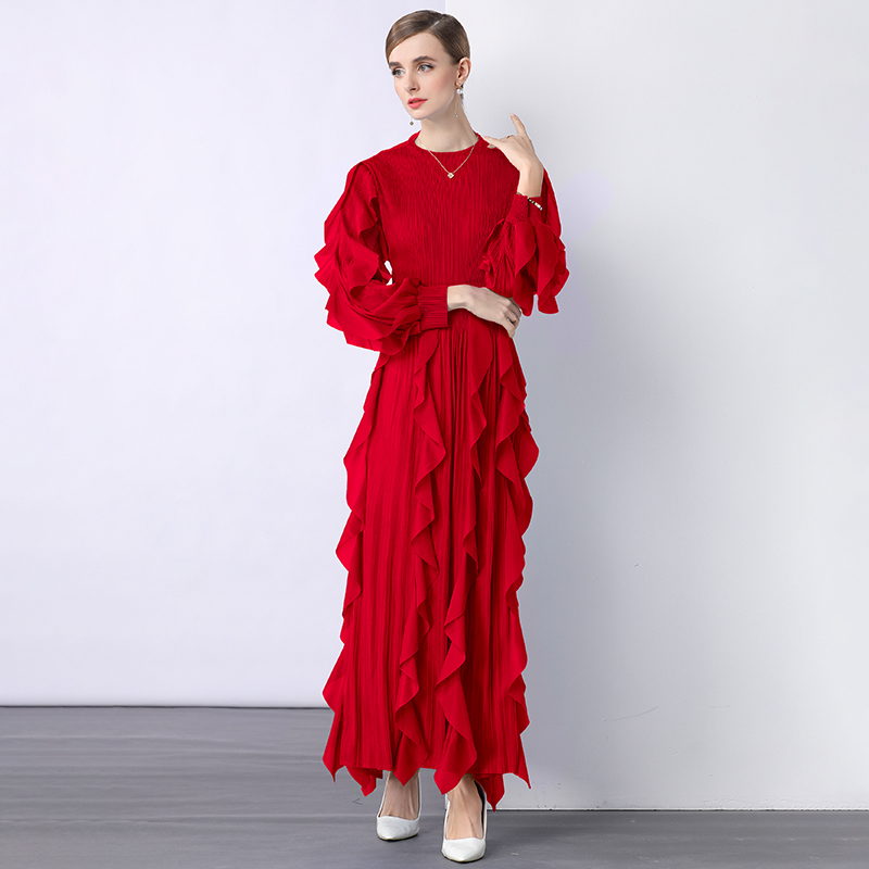 Sanzhai Cross border European and American Lotus Leaf Edge Heavy Industry Design Feel Folded High Waist Long Sleeve Light Mature Wind Loose Hanging Dress Sanzhai Cross border European and American Lotus Leaf Edge Heavy Industry Design Feel Folded High Waist Long Sleeve Light Mature Wind Loose Hanging Dress