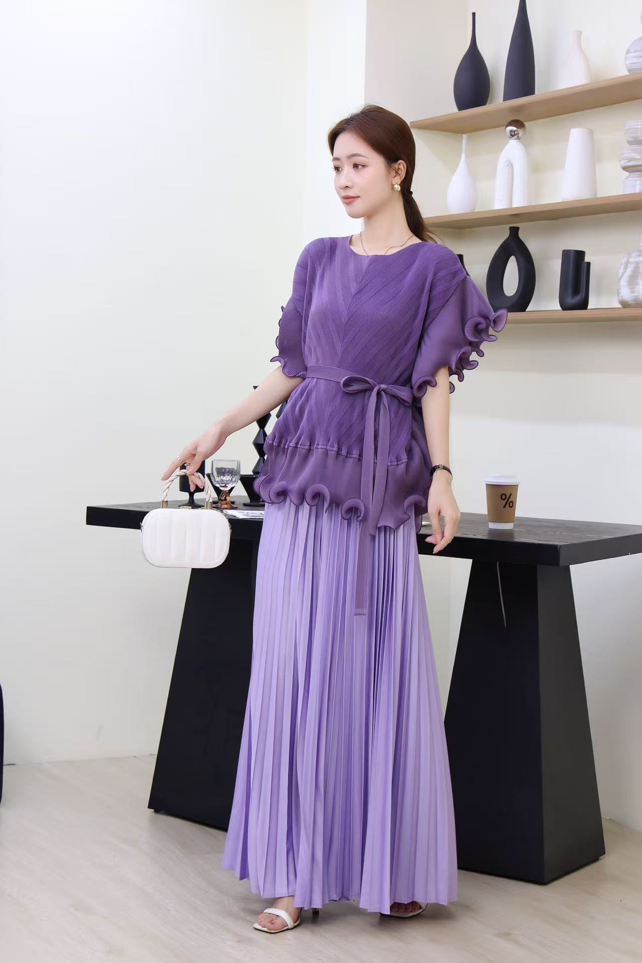 Sanzhai's new cross-border European and American fungus edge cinched waist mesh loose pleated top, wide leg pants, pleated pants women's set