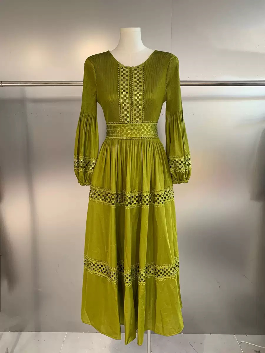 New cross-border three bedroom bohemian style embroidered lace hollow sequin pleated European, American, and African lace dress New cross-border three bedroom bohemian style embroidered lace hollow sequin pleated European, American, and African lace dress