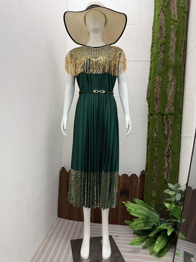 Miyake Cross border Heavy Industry Hot Stamping High end Dress, socialite style sequin decoration design, pleated loose women's long dress Miyake Cross border Heavy Industry Hot Stamping High end Dress, socialite style sequin decoration design, pleated loose women's long dress