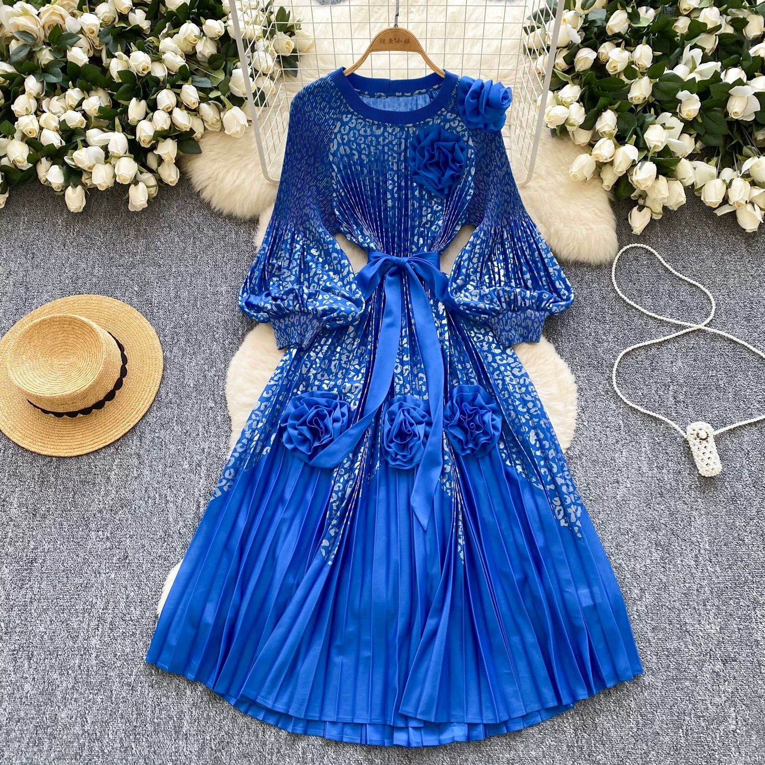 Miyake 2025 Cross border High end Hot Stamped Lantern Sleeve Folded Dress with Strap up 3D Decorative Flower Fairy Style Skirt Miyake 2025 Cross border High end Hot Stamped Lantern Sleeve Folded Dress with Strap up 3D Decorative Flower Fairy Style Skirt