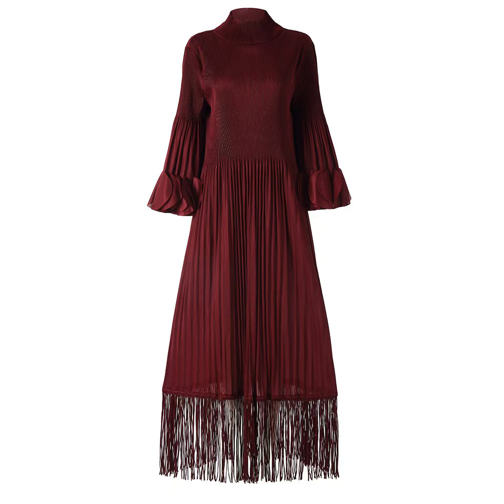 Miyake Cross border European, American, Middle Eastern Tassel Fold Design with Petal Repair Solid Color Dress for Ladies, Long Sleeves, Mid length Skirt Miyake Cross border European, American, Middle Eastern Tassel Fold Design with Petal Repair Solid Color Dress for Ladies, Long Sleeves, Mid length Skirt