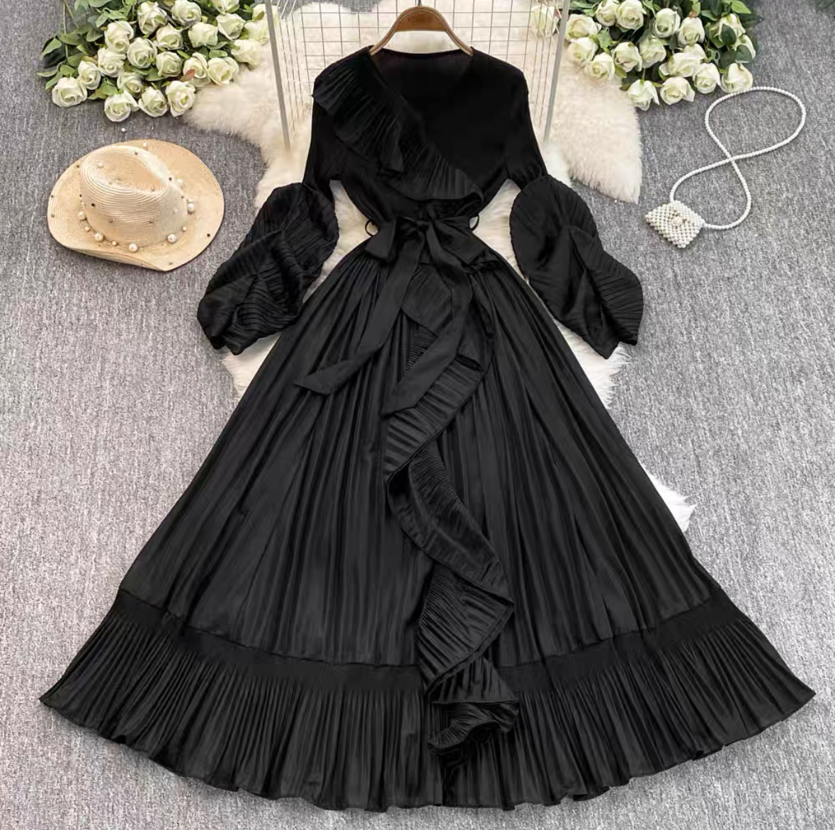 Miyake V-neck long sleeved lace up ruffle edge pleated socialite French dress with floral bud sleeves, big swing skirt, solid color dress Miyake V-neck long sleeved lace up ruffle edge pleated socialite French dress with floral bud sleeves, big swing skirt, solid color dress