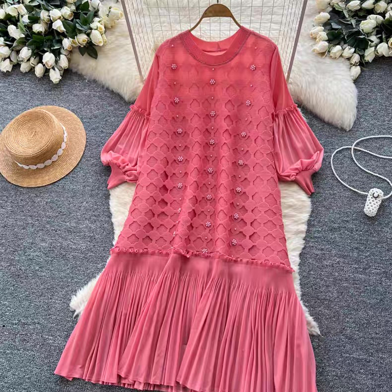 Miyake Cross border European and American Nail Bead Lantern Sleeve Folded Dress with Hollow Design, Loose and Elegant Lotus Leaf Side Length Skirt Miyake Cross border European and American Nail Bead Lantern Sleeve Folded Dress with Hollow Design, Loose and Elegant Lotus Leaf Side Length Skirt