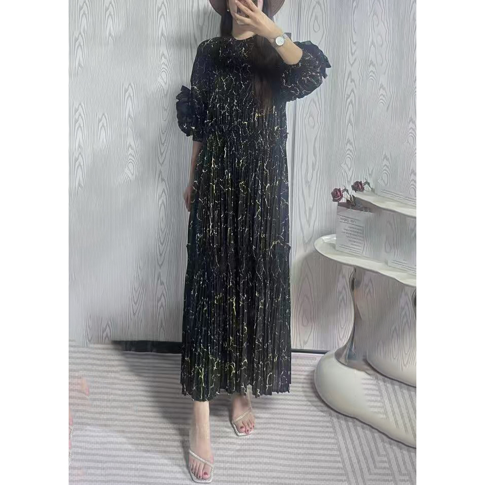 Printed pleated three-dimensional decorative flower plate flower autumn and winter loose slimming cross-border dress high-end lantern sleeve dress Printed pleated three-dimensional decorative flower plate flower autumn and winter loose slimming cross-border dress high-end lantern sleeve dress