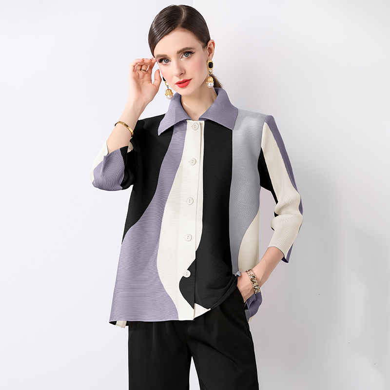 Miyake Spring and Autumn Korean version loose and versatile lapel single breasted long sleeved shirt with design sense, printed niche pleated top Miyake Spring and Autumn Korean version loose and versatile lapel single breasted long sleeved shirt with design sense, printed niche pleated top