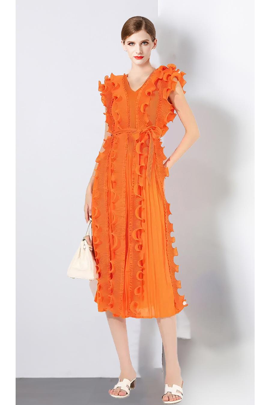 Miyake Cross border European and American Folded Mushroom Edge Design Sense V-neck Sleeveless Dress in Large Size Looks Thin with Lotus Leaf Edge in Africa Miyake Cross border European and American Folded Mushroom Edge Design Sense V-neck Sleeveless Dress in Large Size Looks Thin with Lotus Leaf Edge in Africa