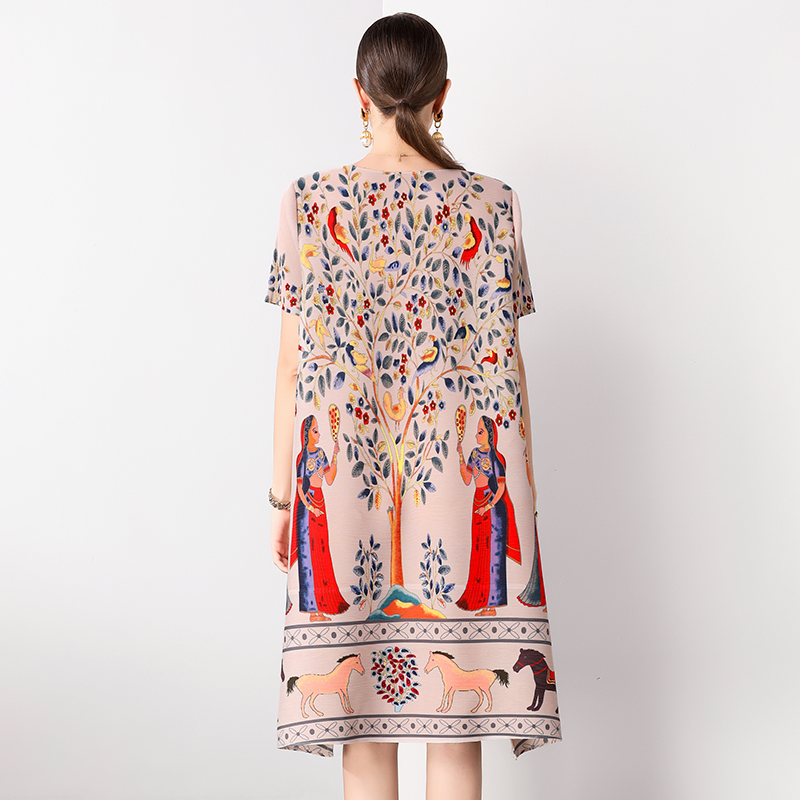 Retro printed pleated dress for women's stay at home mom, new fashionable temperament, plus size loose slimming mid length skirt Retro printed pleated dress for women's stay at home mom, new fashionable temperament, plus size loose slimming mid length skirt