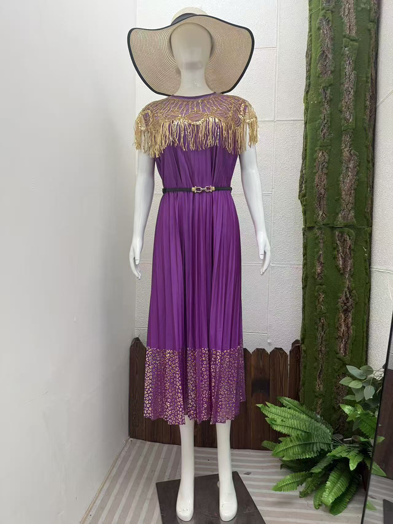 Miyake Cross border Heavy Industry Hot Stamping High end Dress, socialite style sequin decoration design, pleated loose women's long dress Miyake Cross border Heavy Industry Hot Stamping High end Dress, socialite style sequin decoration design, pleated loose women's long dress