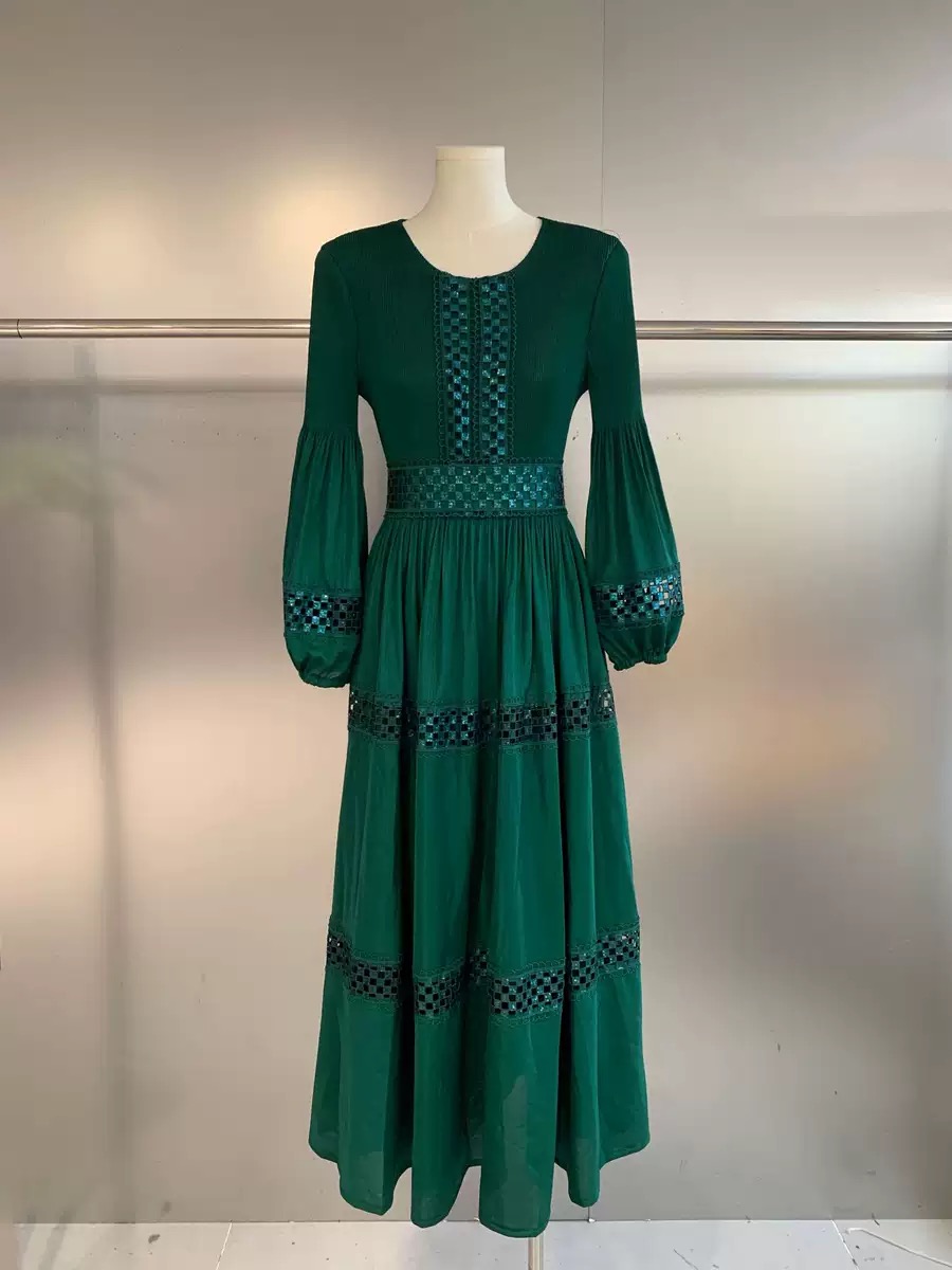 New cross-border three bedroom bohemian style embroidered lace hollow sequin pleated European, American, and African lace dress New cross-border three bedroom bohemian style embroidered lace hollow sequin pleated European, American, and African lace dress