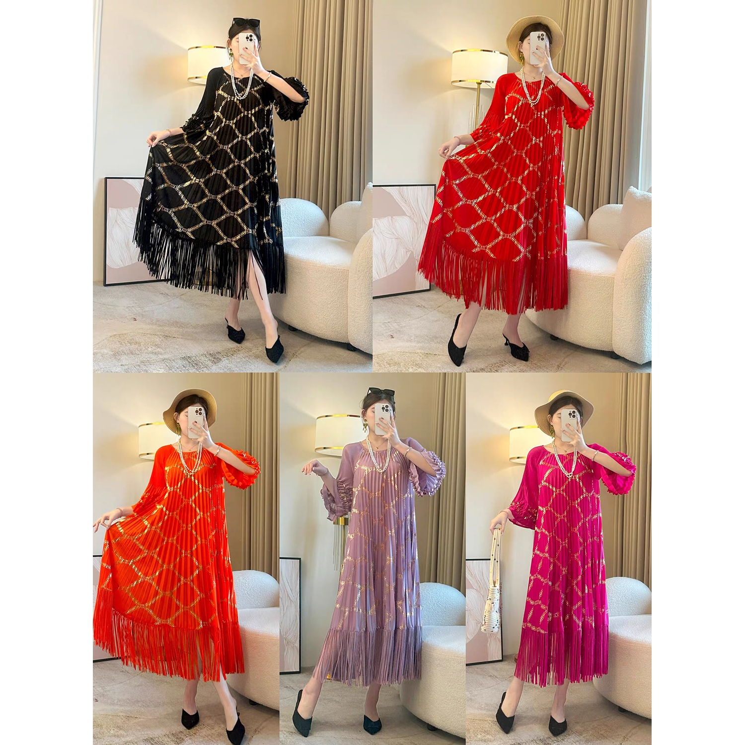 Miyake European and American cross-border hot stamping fashionable pleated dress with flared sleeves, large swing and hanging tassel long skirt, loose and slimming Miyake European and American cross-border hot stamping fashionable pleated dress with flared sleeves, large swing and hanging tassel long skirt, loose and slimming