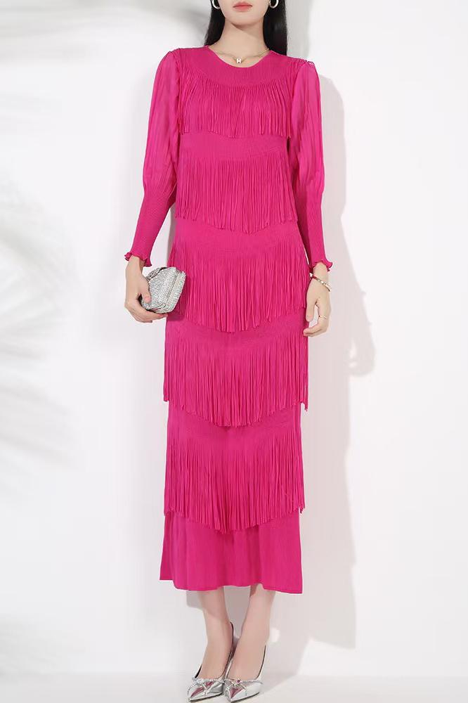Miyake Spring and Autumn tassel design, cross-border pleated dress, round neck lantern sleeves, large size, Middle East, Europe and America, women's drape feeling Miyake Spring and Autumn tassel design, cross-border pleated dress, round neck lantern sleeves, large size, Middle East, Europe and America, women's drape feeling
