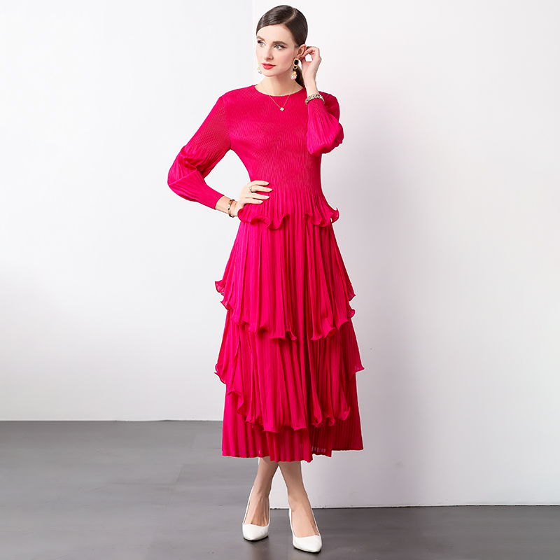 Miyake Foreign Trade Heavy Industry Mushroom Edge Design Lantern Sleeves Long Sleeves Round Neck European and American Medium length Skirt Folded Women's Dress Miyake Foreign Trade Heavy Industry Mushroom Edge Design Lantern Sleeves Long Sleeves Round Neck European and American Medium length Skirt Folded Women's Dress