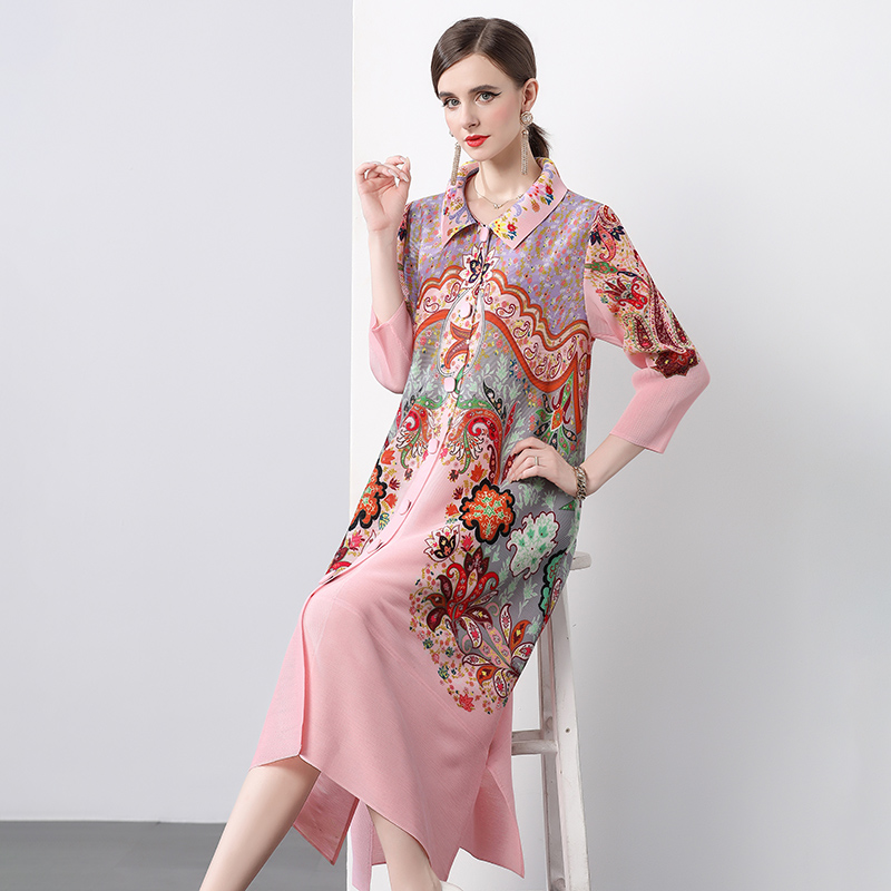 Sanzhai Spring and Autumn Mid length Loose Printed Slimming and Age Reducing Large Size MM Dress with Collar Fold and Nine Cent Sleeve Sanzhai Spring and Autumn Mid length Loose Printed Slimming and Age Reducing Large Size MM Dress with Collar Fold and Nine Cent Sleeve