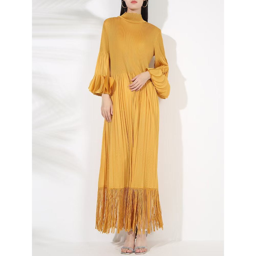 Miyake Cross border European, American, Middle Eastern Tassel Fold Design with Petal Repair Solid Color Dress for Ladies, Long Sleeves, Mid length Skirt Miyake Cross border European, American, Middle Eastern Tassel Fold Design with Petal Repair Solid Color Dress for Ladies, Long Sleeves, Mid length Skirt