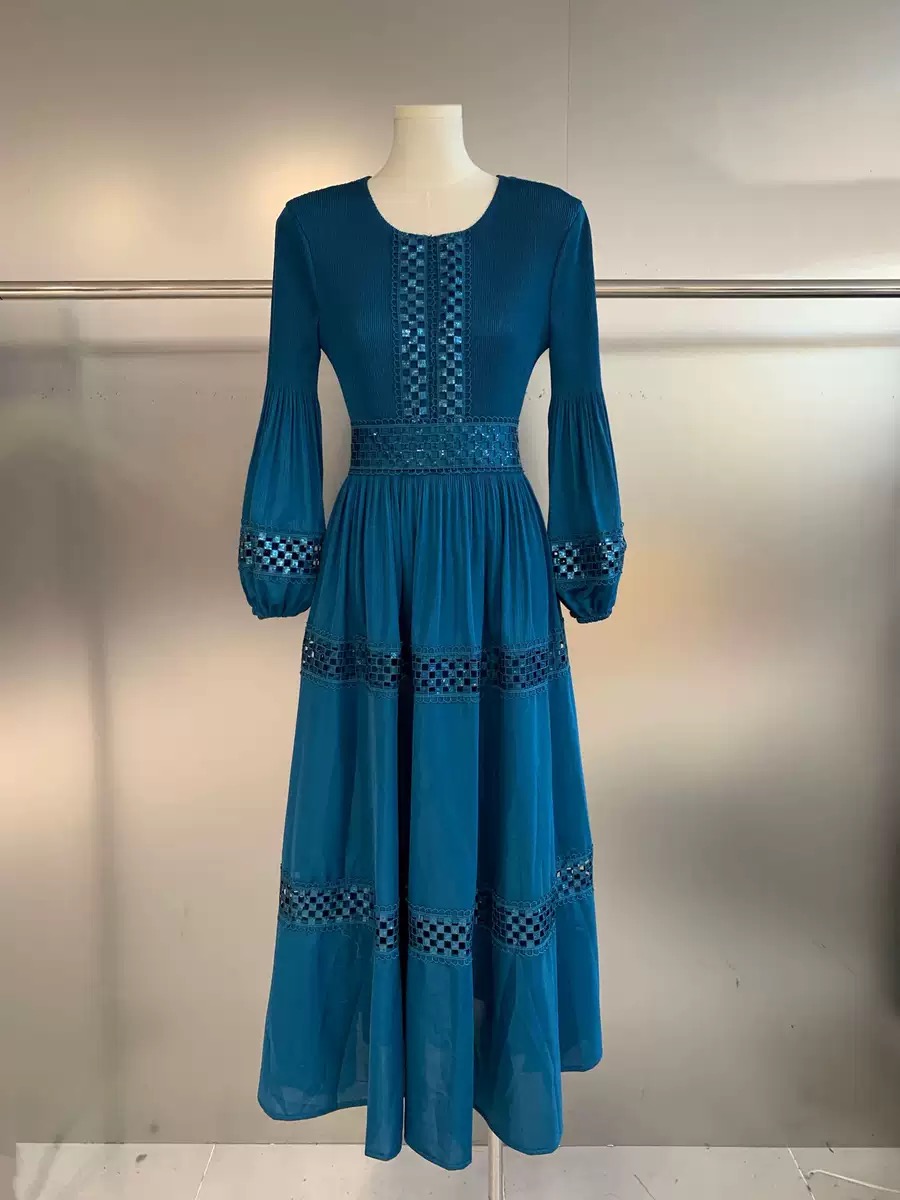 New cross-border three bedroom bohemian style embroidered lace hollow sequin pleated European, American, and African lace dress New cross-border three bedroom bohemian style embroidered lace hollow sequin pleated European, American, and African lace dress