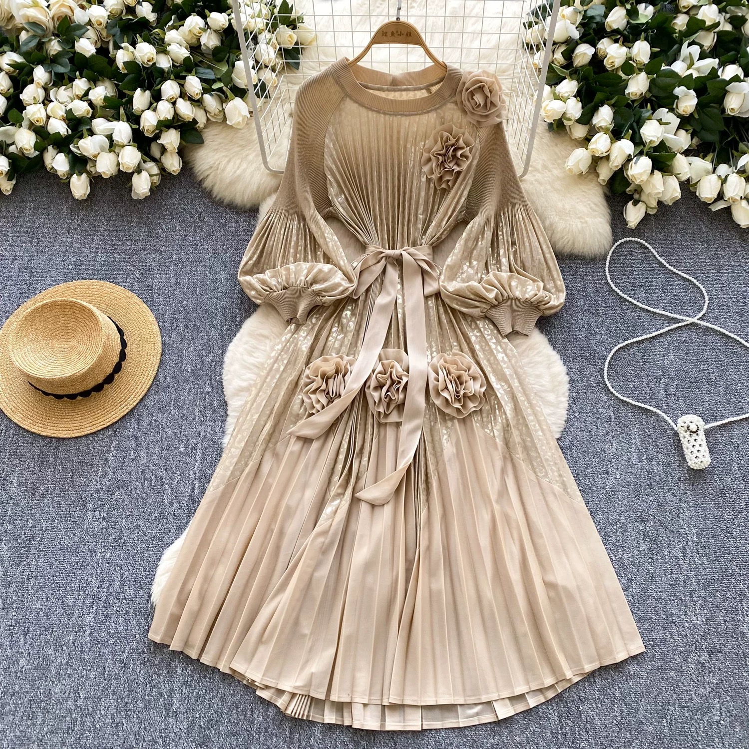 Miyake 2025 Cross border High end Hot Stamped Lantern Sleeve Folded Dress with Strap up 3D Decorative Flower Fairy Style Skirt Miyake 2025 Cross border High end Hot Stamped Lantern Sleeve Folded Dress with Strap up 3D Decorative Flower Fairy Style Skirt