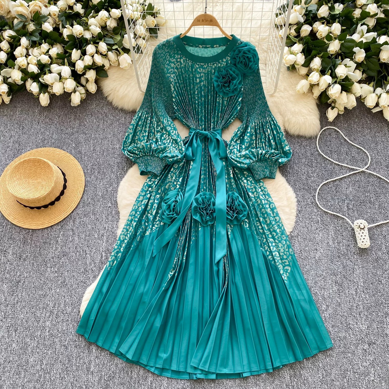 Miyake 2025 Cross border High end Hot Stamped Lantern Sleeve Folded Dress with Strap up 3D Decorative Flower Fairy Style Skirt Miyake 2025 Cross border High end Hot Stamped Lantern Sleeve Folded Dress with Strap up 3D Decorative Flower Fairy Style Skirt