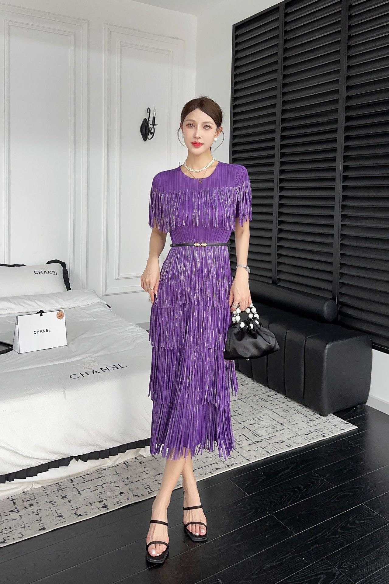 Miyake 2025 foreign trade hot stamping tassel cake skirt European and American short sleeved summer new elegant loose pleated dress Miyake 2025 foreign trade hot stamping tassel cake skirt European and American short sleeved summer new elegant loose pleated dress
