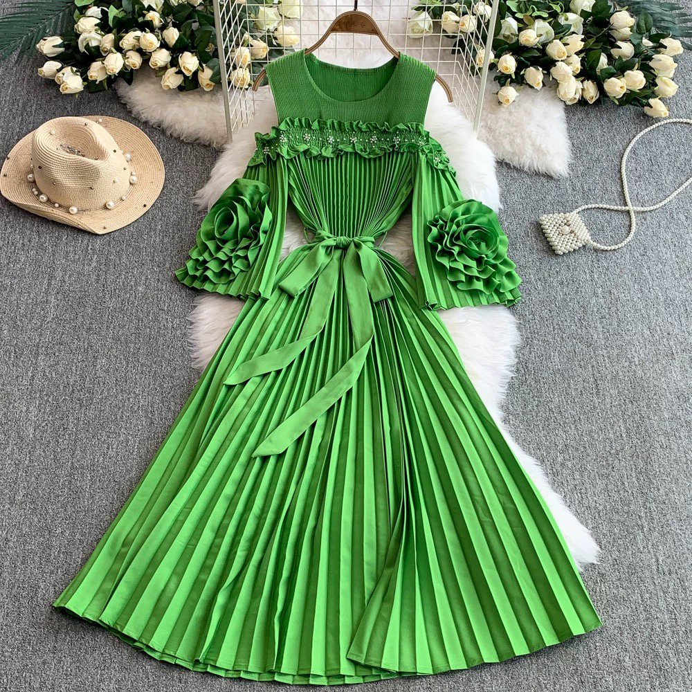 Miyake 2025 new one shoulder flared sleeve three-dimensional flower waist cinching slimming women's pleated dress cross-border nail bead Miyake 2025 new one shoulder flared sleeve three-dimensional flower waist cinching slimming women's pleated dress cross-border nail bead