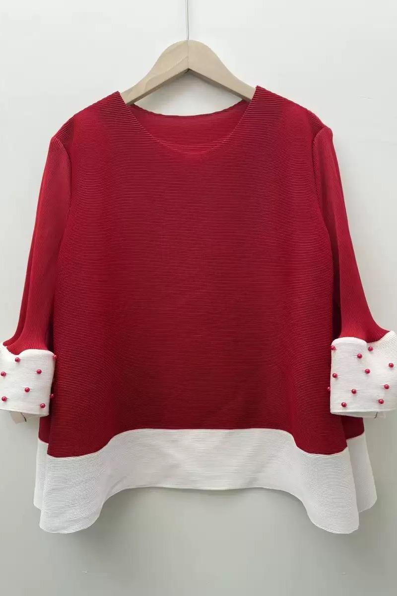 Wrinkle color blocked nail bead top, fashionable and versatile, simple European and American loose cross-border splicing long sleeved T-shirt, autumn jacket Wrinkle color blocked nail bead top, fashionable and versatile, simple European and American loose cross-border splicing long sleeved T-shirt, autumn jacket