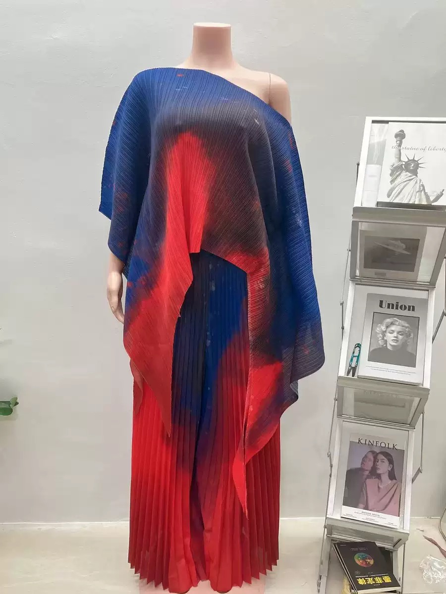 Cross border African three bedroom plus size women's printed fashion casual pleated suit European and American irregular top pleated pants