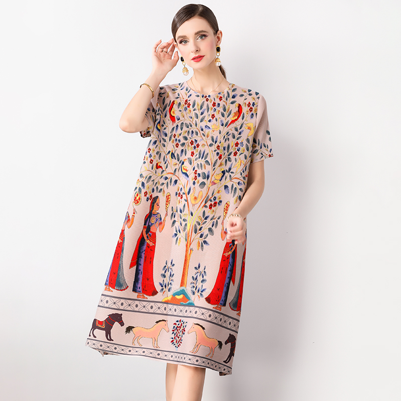 Retro printed pleated dress for women's stay at home mom, new fashionable temperament, plus size loose slimming mid length skirt Retro printed pleated dress for women's stay at home mom, new fashionable temperament, plus size loose slimming mid length skirt