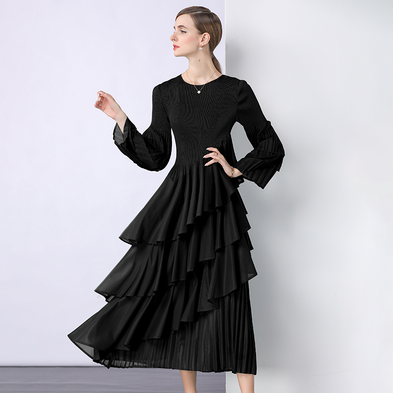 Miyake Cross border European and American Lotus Leaf Edge Cake Skirt Heavy duty Folded High Waist Long Sleeve Light Mature Wind Loose Hanging Dress Miyake Cross border European and American Lotus Leaf Edge Cake Skirt Heavy duty Folded High Waist Long Sleeve Light Mature Wind Loose Hanging Dress