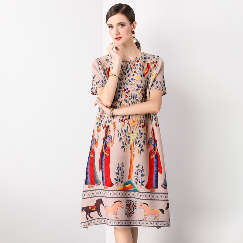 Retro printed pleated dress for women's stay at home mom, new fashionable temperament, plus size loose slimming mid length skirt Retro printed pleated dress for women's stay at home mom, new fashionable temperament, plus size loose slimming mid length skirt