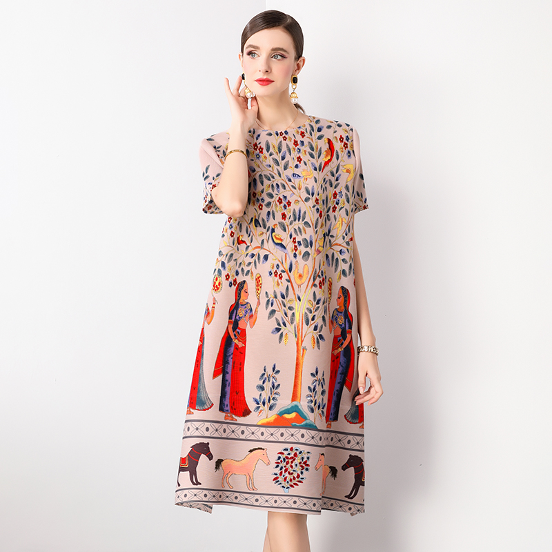 Retro printed pleated dress for women's stay at home mom, new fashionable temperament, plus size loose slimming mid length skirt Retro printed pleated dress for women's stay at home mom, new fashionable temperament, plus size loose slimming mid length skirt