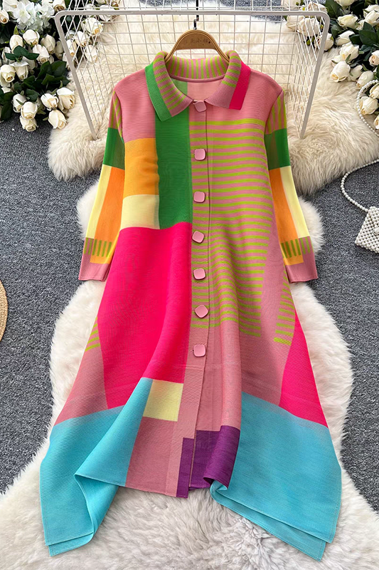 Sanzhai Spring and Autumn Mid length Loose Printed Slimming and Age Reducing Large Size MM Dress with Collar Fold and Nine Cent Sleeve Sanzhai Spring and Autumn Mid length Loose Printed Slimming and Age Reducing Large Size MM Dress with Collar Fold and Nine Cent Sleeve