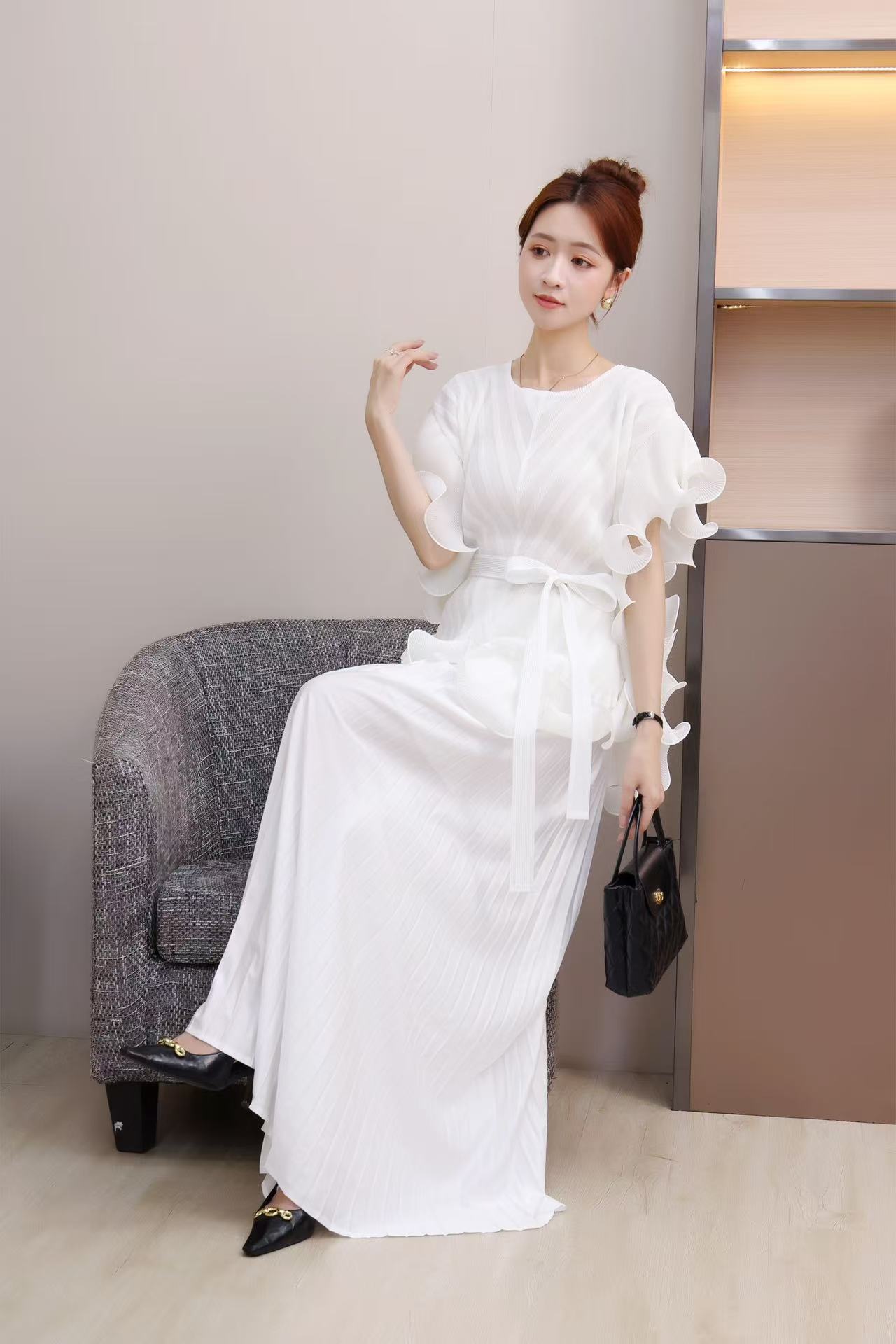 Sanzhai's new cross-border European and American fungus edge cinched waist mesh loose pleated top, wide leg pants, pleated pants women's set Sanzhai's new cross-border European and American fungus edge cinched waist mesh loose pleated top, wide leg pants, pleated pants women's set