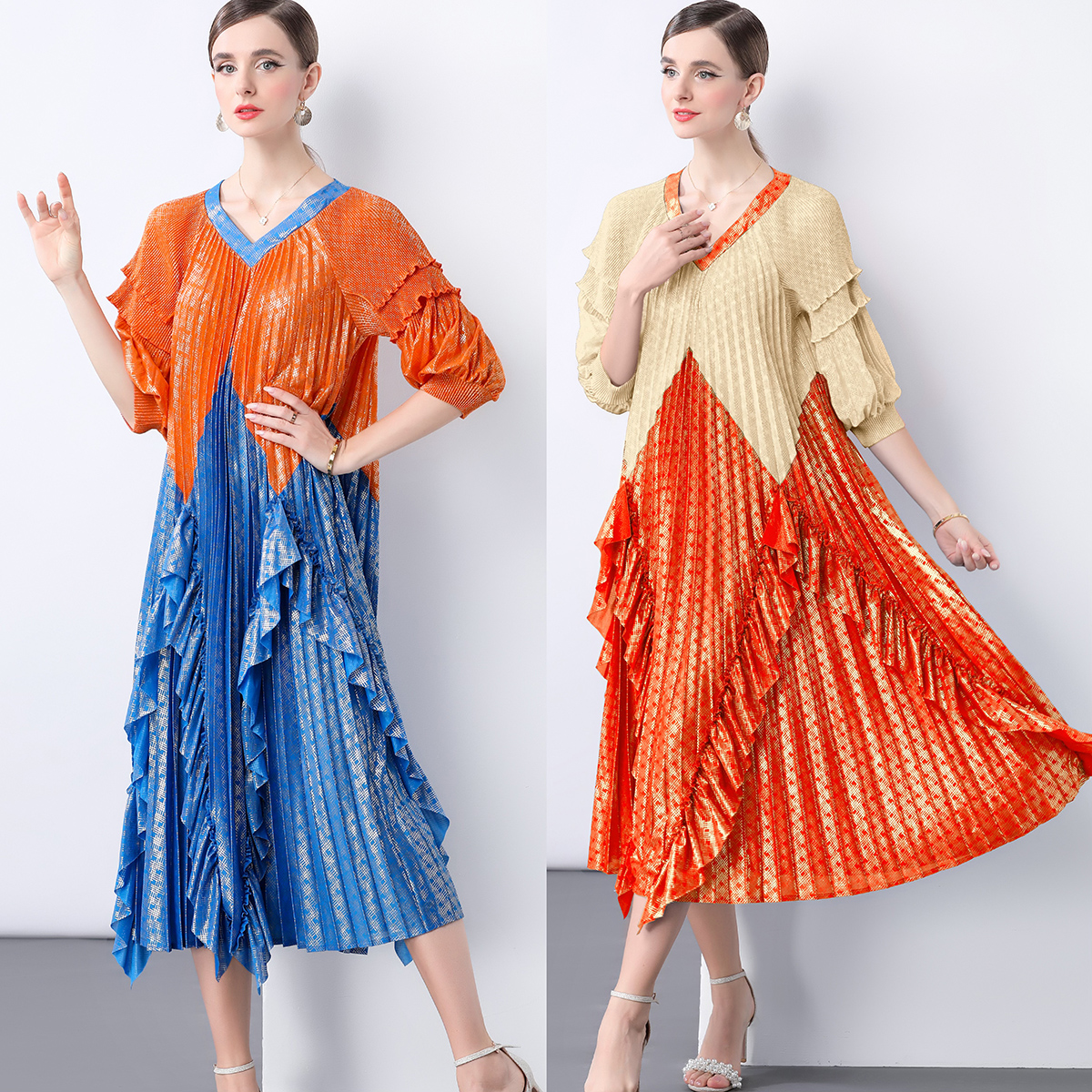 Miyake Summer Cross border Design with Lotus Leaf Edges, Mushroom Edges, Wrinkles, Hot Stamping Printing, Heavy Industry Seaside Vacation Dress