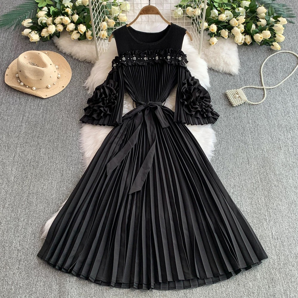 Miyake 2025 new one shoulder flared sleeve three-dimensional flower waist cinching slimming women's pleated dress cross-border nail bead Miyake 2025 new one shoulder flared sleeve three-dimensional flower waist cinching slimming women's pleated dress cross-border nail bead