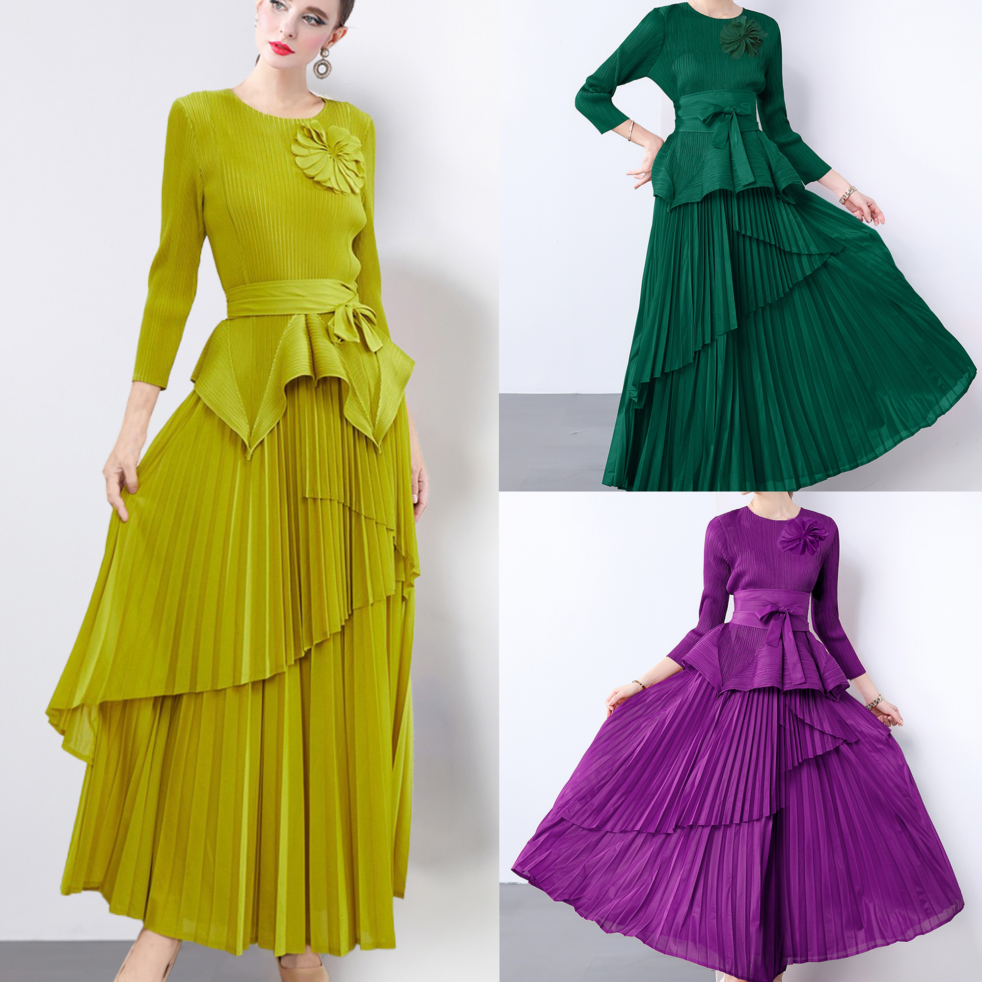 Three dimensional floral decoration top with long lace up pleated skirt, foreign trade European and American style pleated set with lining fabric