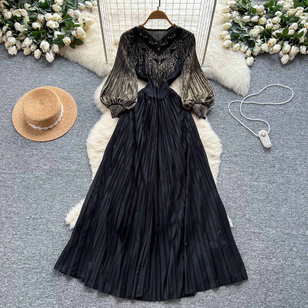 Ladies' court style bubble sleeve dress, light mature style, autumn tassel, hot stamping, pleated nail bead, large swing, women's long skirt Ladies' court style bubble sleeve dress, light mature style, autumn tassel, hot stamping, pleated nail bead, large swing, women's long skirt