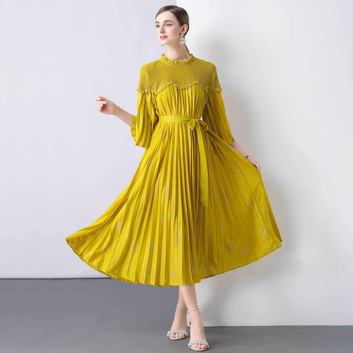 Miyake 2025 design sense heavy industry nail bead nail diamond tie loose dress pleated pleated pleated women's mid length skirt cross-border Miyake 2025 design sense heavy industry nail bead nail diamond tie loose dress pleated pleated pleated women's mid length skirt cross-border