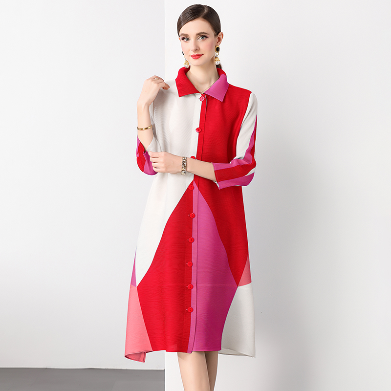 Sanzhai Spring and Autumn Mid length Loose Printed Slimming and Age Reducing Large Size MM Dress with Collar Fold and Nine Cent Sleeve Sanzhai Spring and Autumn Mid length Loose Printed Slimming and Age Reducing Large Size MM Dress with Collar Fold and Nine Cent Sleeve