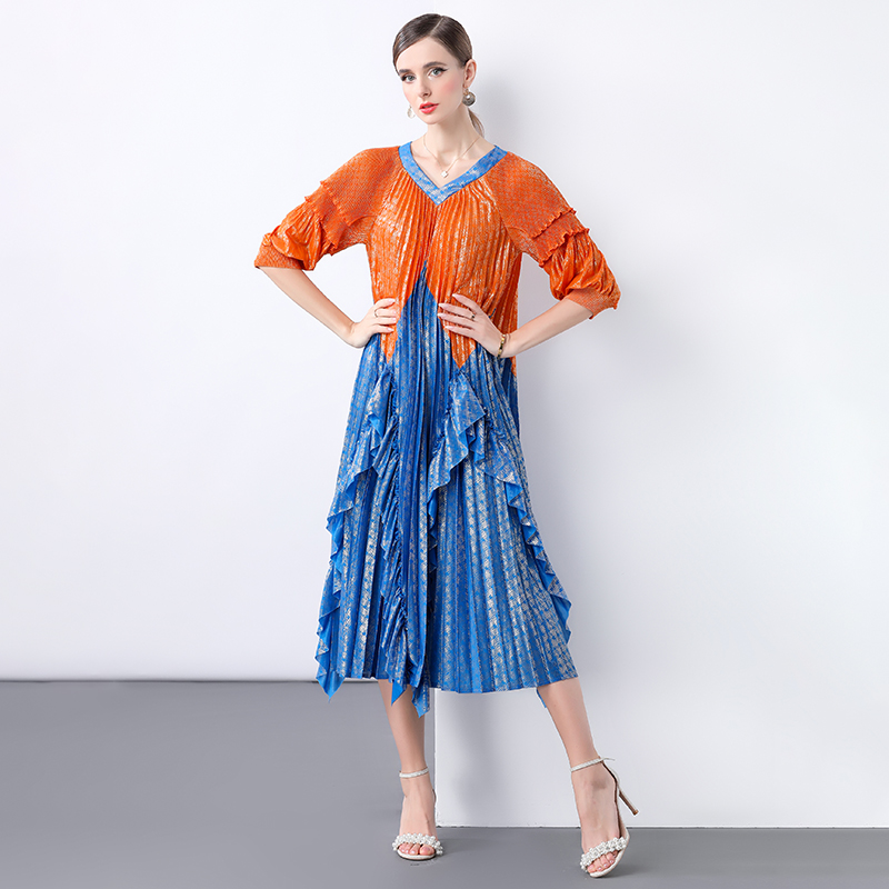 Miyake Summer Cross border Design with Lotus Leaf Edges, Mushroom Edges, Wrinkles, Hot Stamping Printing, Heavy Industry Seaside Vacation Dress Miyake Summer Cross border Design with Lotus Leaf Edges, Mushroom Edges, Wrinkles, Hot Stamping Printing, Heavy Industry Seaside Vacation Dress