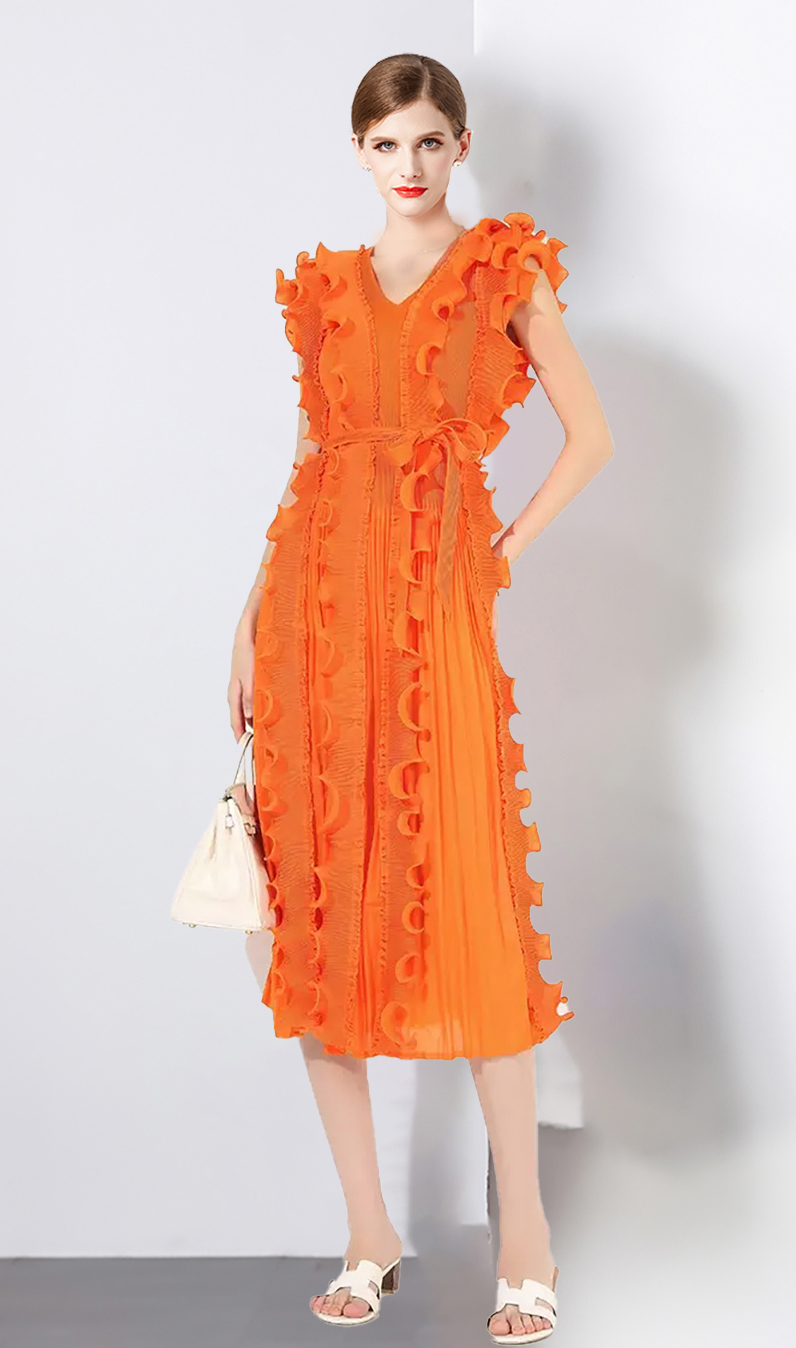 Miyake Cross border European and American Folded Mushroom Edge Design Sense V-neck Sleeveless Dress in Large Size Looks Thin with Lotus Leaf Edge in Africa Miyake Cross border European and American Folded Mushroom Edge Design Sense V-neck Sleeveless Dress in Large Size Looks Thin with Lotus Leaf Edge in Africa