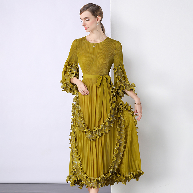 European and American court style hot stamping three bedroom dress with pleated fungus edges, high-end heavy industry cross-border loose waist dress European and American court style hot stamping three bedroom dress with pleated fungus edges, high-end heavy industry cross-border loose waist dress