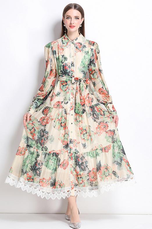 Real shot - Artistic style lace up waist cinching lapel long skirt with retro printed design, long dress Real shot - Artistic style lace up waist cinching lapel long skirt with retro printed design, long dress