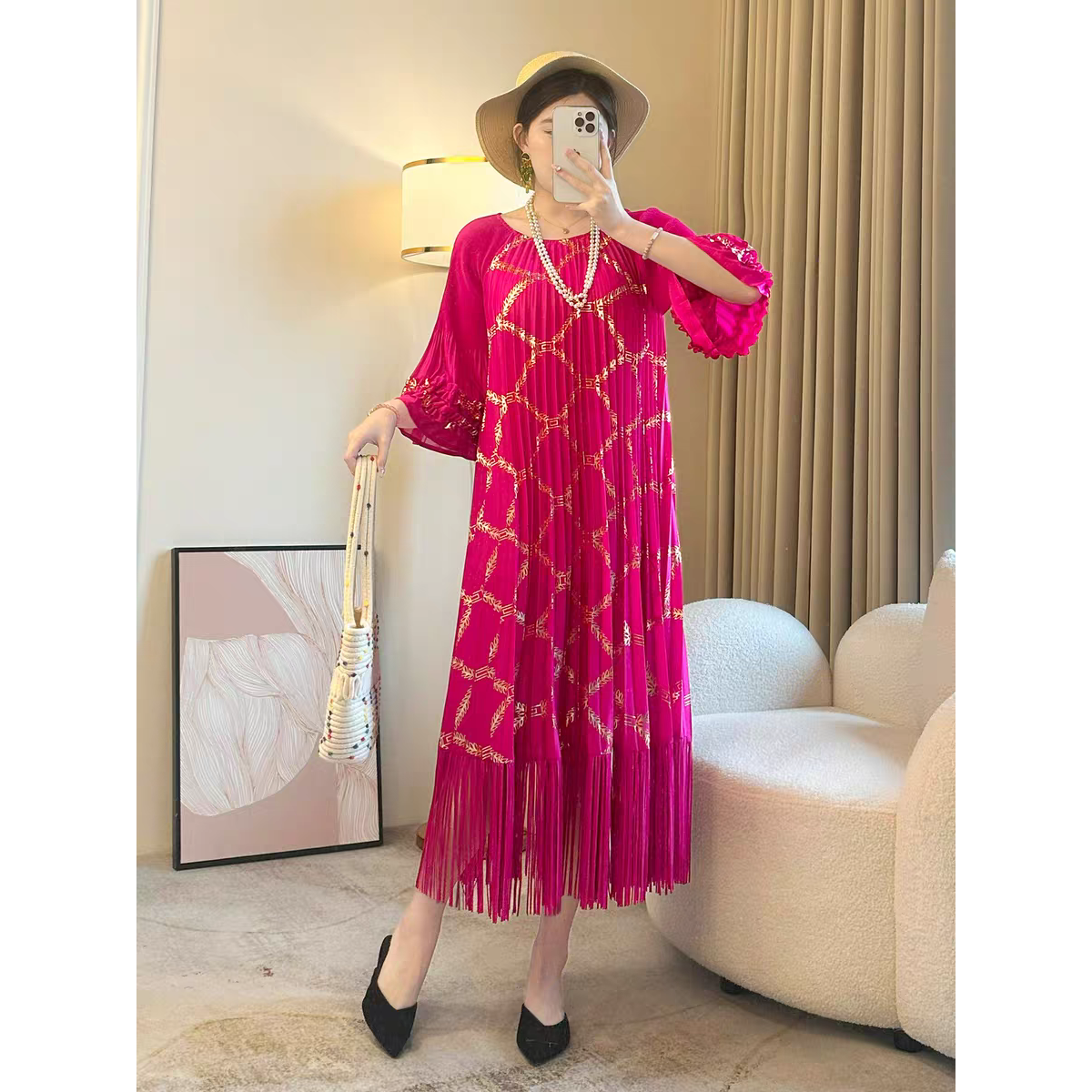 Miyake European and American cross-border hot stamping fashionable pleated dress with flared sleeves, large swing and hanging tassel long skirt, loose and slimming Miyake European and American cross-border hot stamping fashionable pleated dress with flared sleeves, large swing and hanging tassel long skirt, loose and slimming