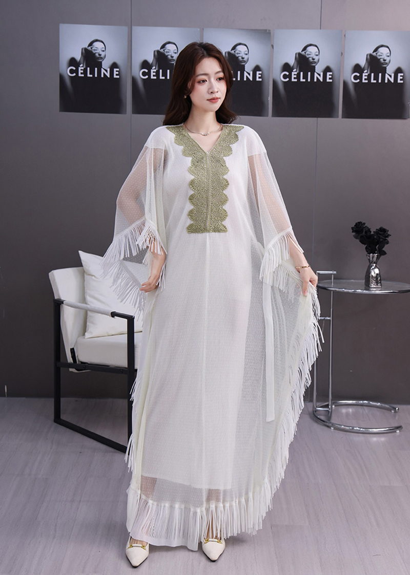 Miyake Cross border Loose Bat Sleeve Tassel Folded Lace Decal Dress Middle Eastern Female Muslim Waist Straw Fabric Miyake Cross border Loose Bat Sleeve Tassel Folded Lace Decal Dress Middle Eastern Female Muslim Waist Straw Fabric